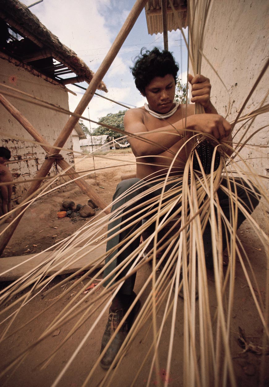 Ye´kuana man weaving a long basket or “Tenke” (sebucán), used to squeeze out the poisonous sap of the bitter yucca, a staple crop.